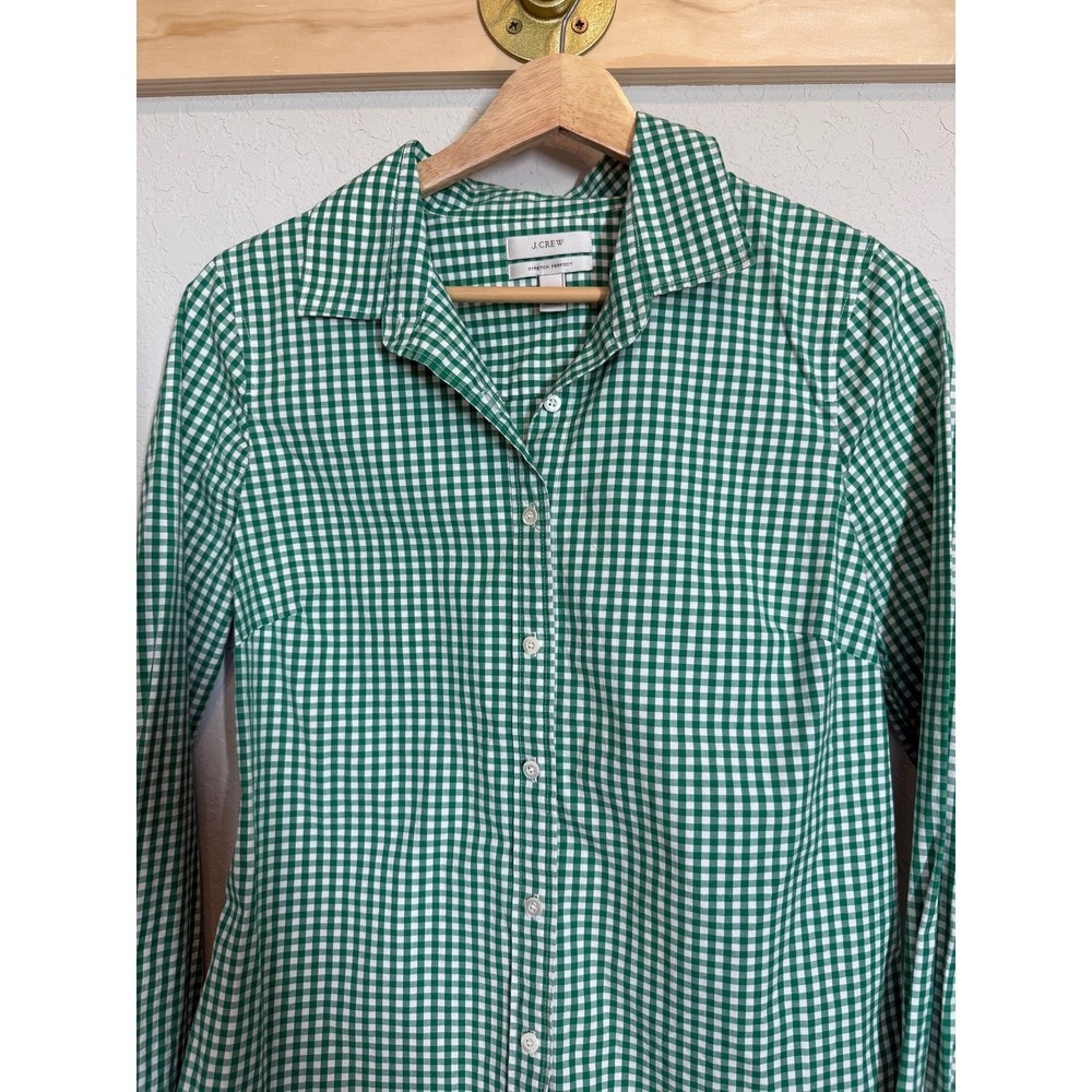 Women's J. Crew Green and White Gingham Stretch Perfect Button Down Size S - Picture 3 of 9
